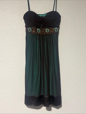 Turquoise and Brown Y2K Embellished Midi Cocktail Dress